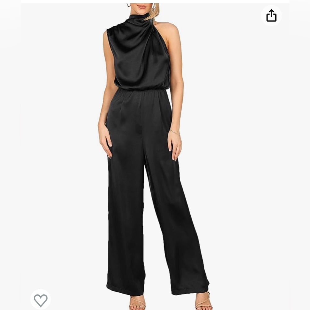 COPY - Women's Elegant Satin Sleeveless Mock Neck One-Shoulder Wide Leg Jumpsui…